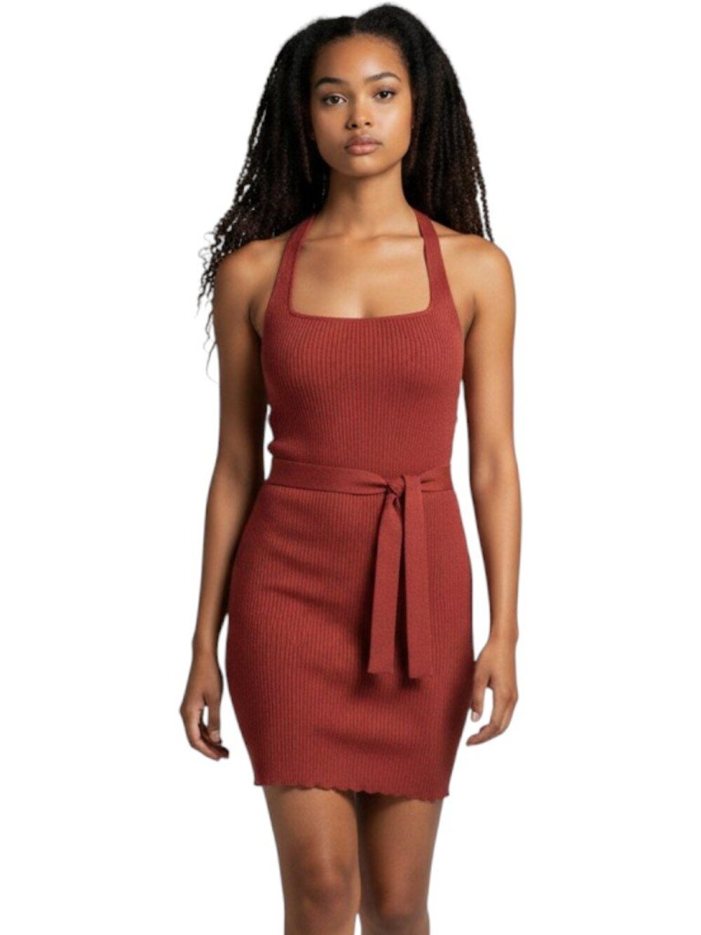 Aster Ribbed Bodycon Mini Dress Square Neck Criss Cross Tie Waist Rust Red Small